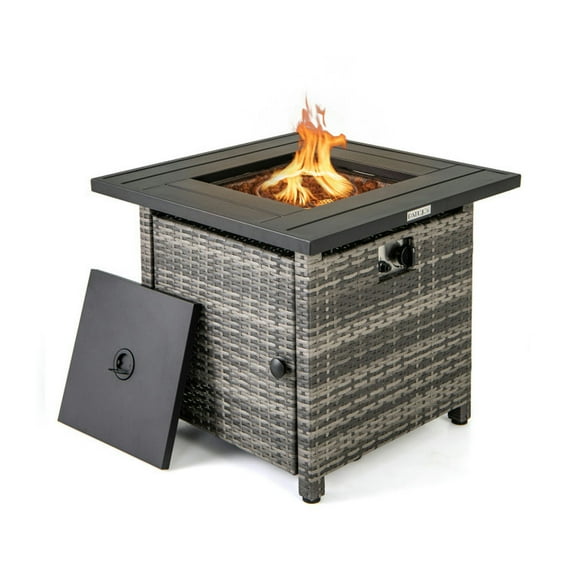 Demifill 29 Inch Propane Rattan Firepit Table with Lava Rocks and Protective Cover, Propane Fire Pit with 50,000 Btu Heat Output, Gray