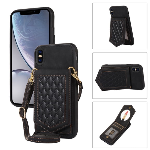 Mantto Case for iPhone XS Max, Card Holder Crossbody Neck Strap Lanyard Handbag with Mirror Back for Women PU Leather Flip Case with Credit Card Slot Kickstand For iPhone XS Max, Black