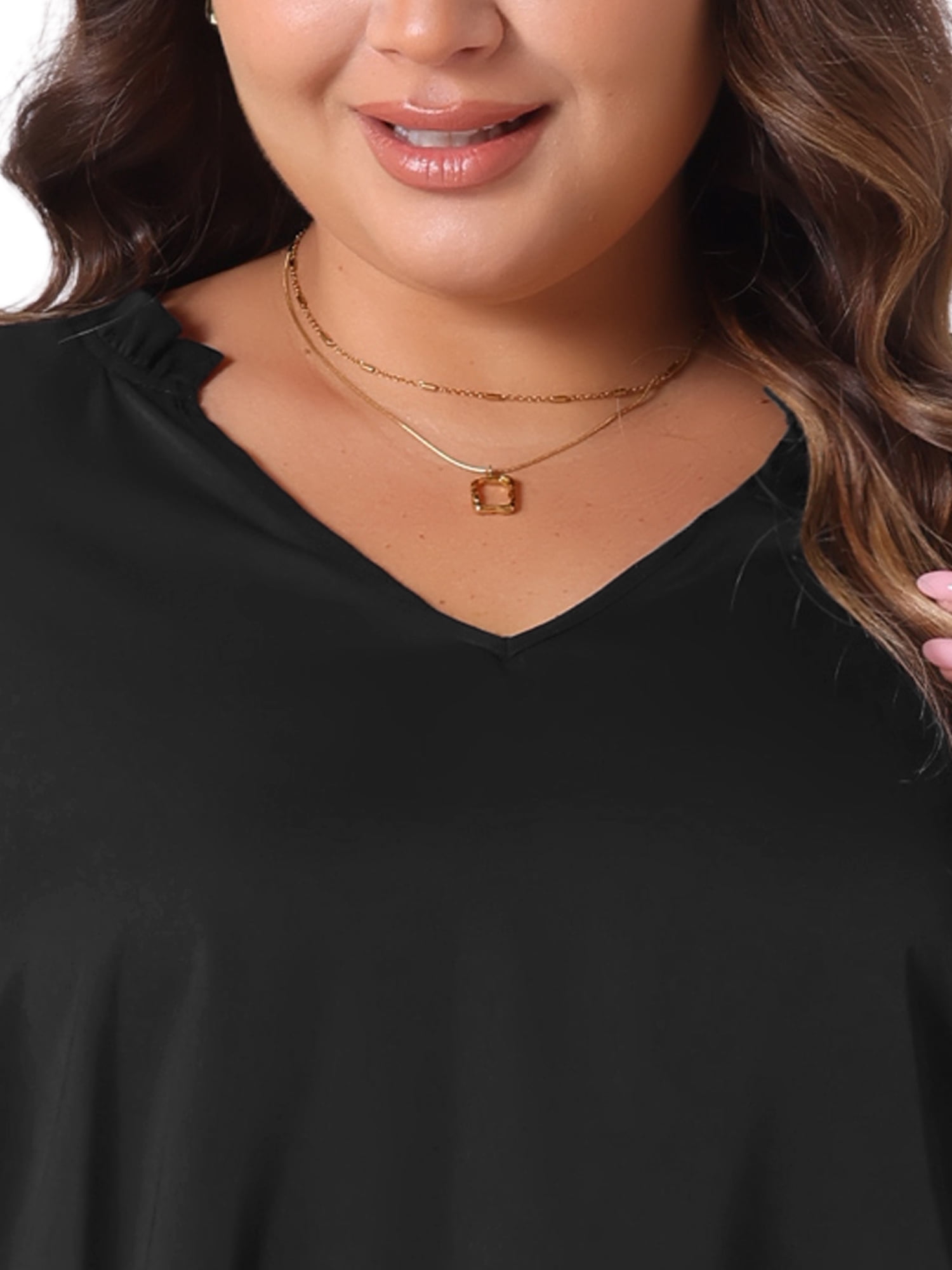 DARING DIVA Women's Plus Sheer Ruffle Notched V Neck Blouse 4X Black