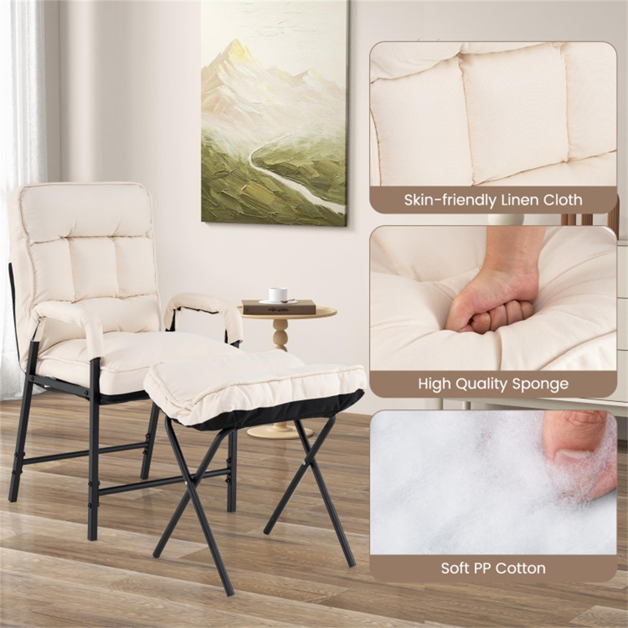 Demi Bonn Sofa Chair, Lounge Armchair Recliner, Linen Fabric Modern Accent Chair with Ottoman and Adjustable Backrest, for Living Room, Bedroom, Dorm, Beige