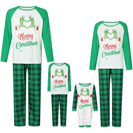

Family Matching Christmas Pajamas Set Xmas Letter Print Round Neck Long Sleeve Tops Plaid Long Pants for Parents Kids
