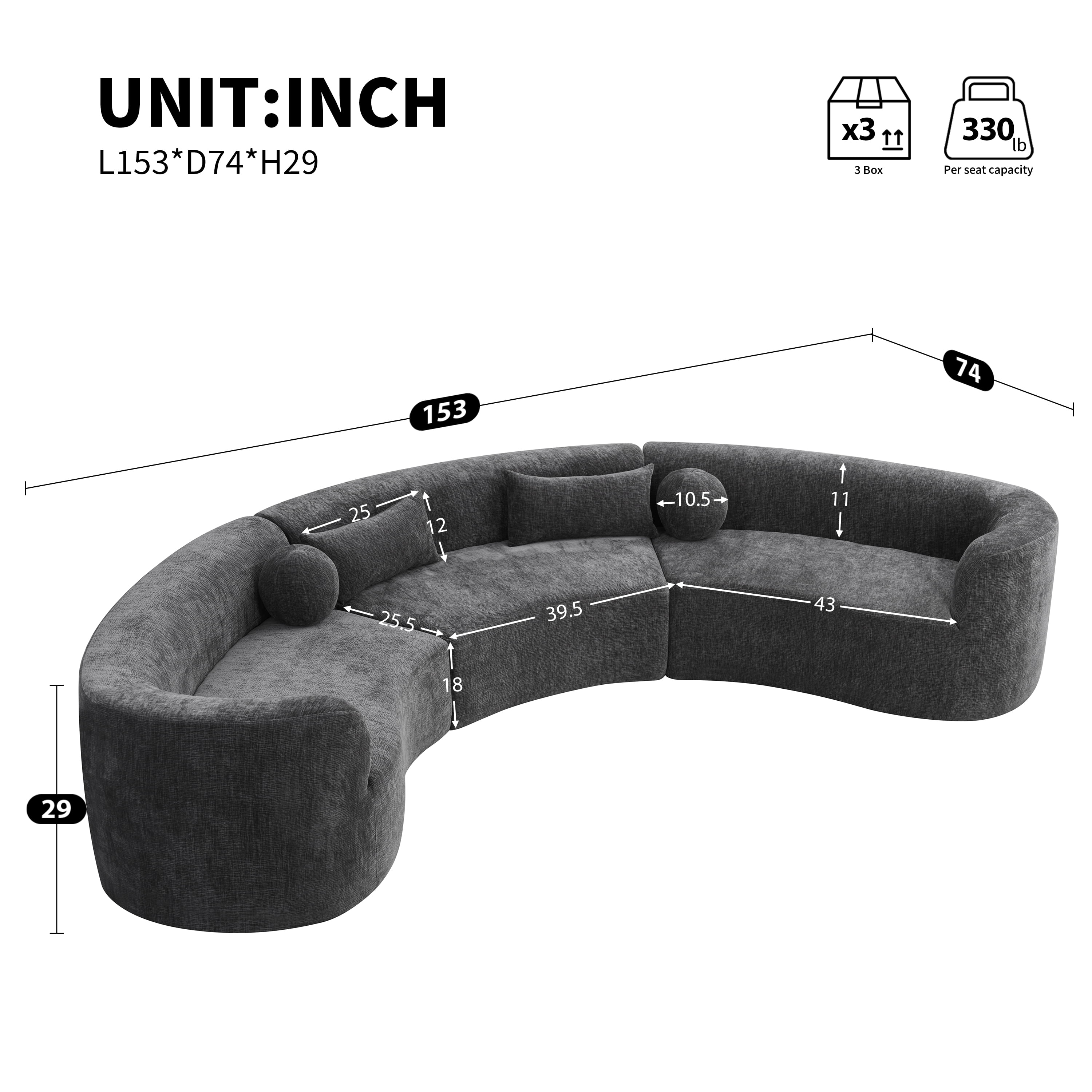 GARITIN 6 Seat Modular Curved Sectional Sofa 153 Inch, Frameless Chenille Arc Couch with 4 Pillows for Living Room, Gray