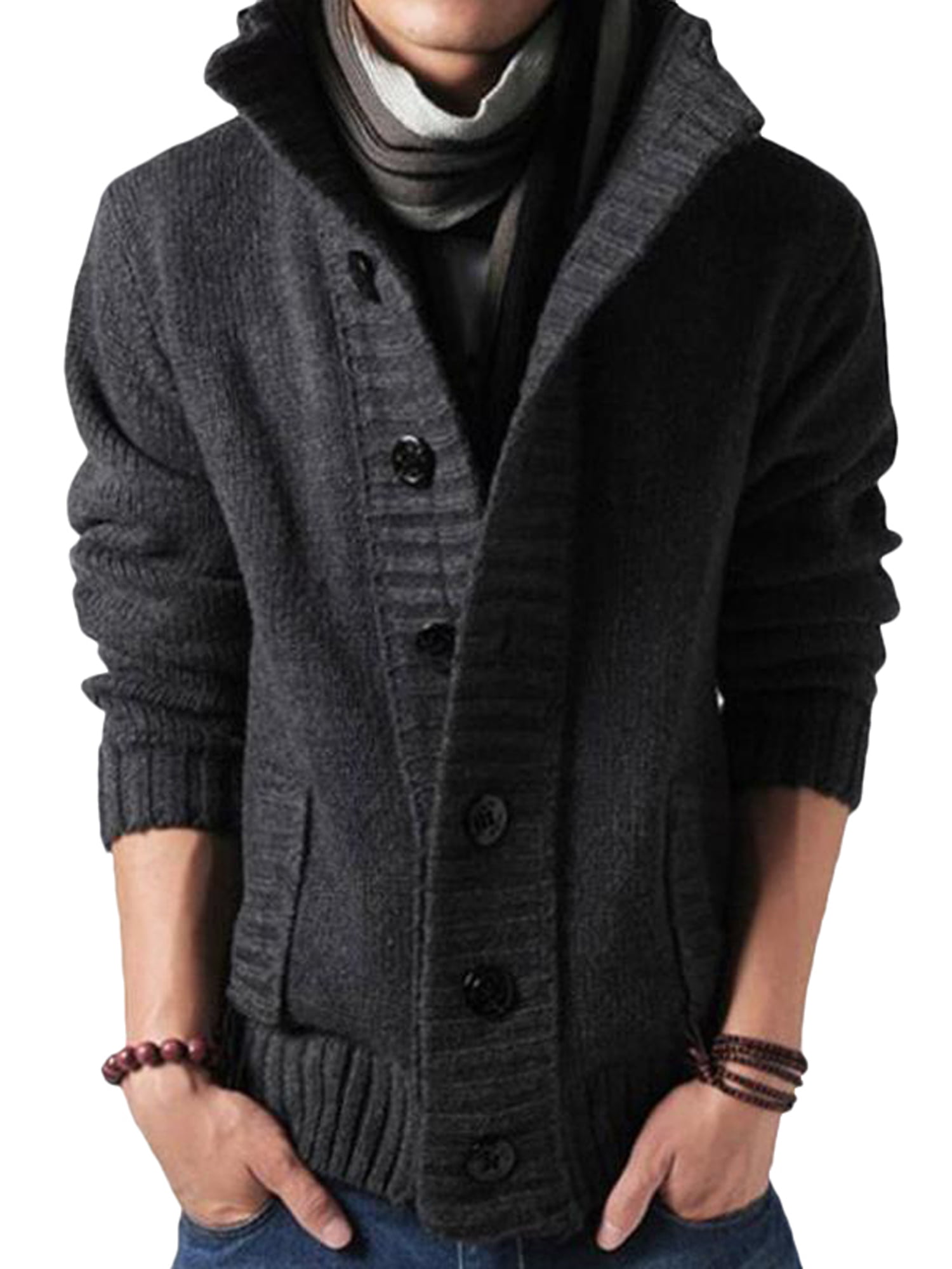 chouyatou Mens Chunky Toggle Button Mid-Length Knitted Cardigan Sweater Attached Hood 