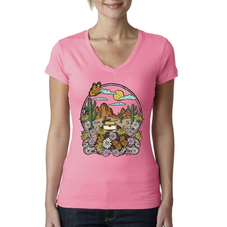 Wild Bobby Trendy Landscape With Daisies Cactus Monarch Butterfly Nature Lover Women Junior Fit V-Neck Tee  Hot Pink  Small