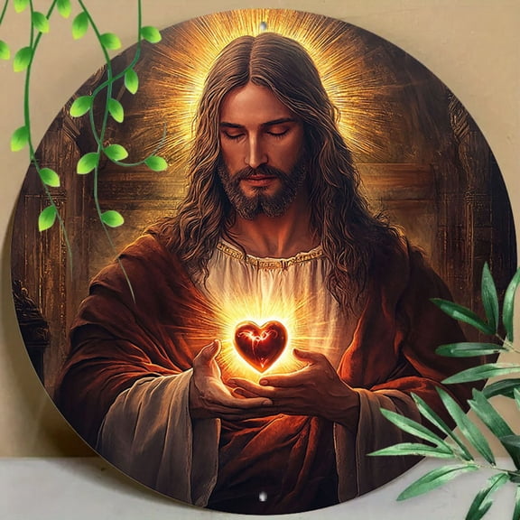 HELLOYOUNG Sacred Heart Metal Wall Art 8x8 Inch Round Tin Sign Religious Home Decor Rustic Gift