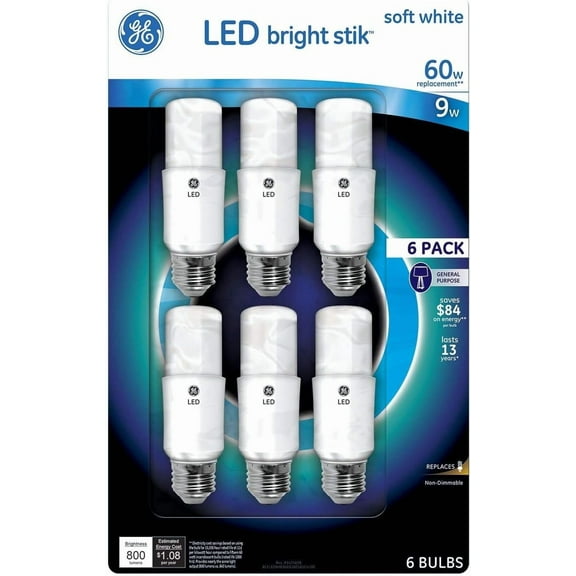 GE Bright Stik LED Light Bulb, Non-Dimmable 2700K Light, 9W, Soft White, 6 Pack