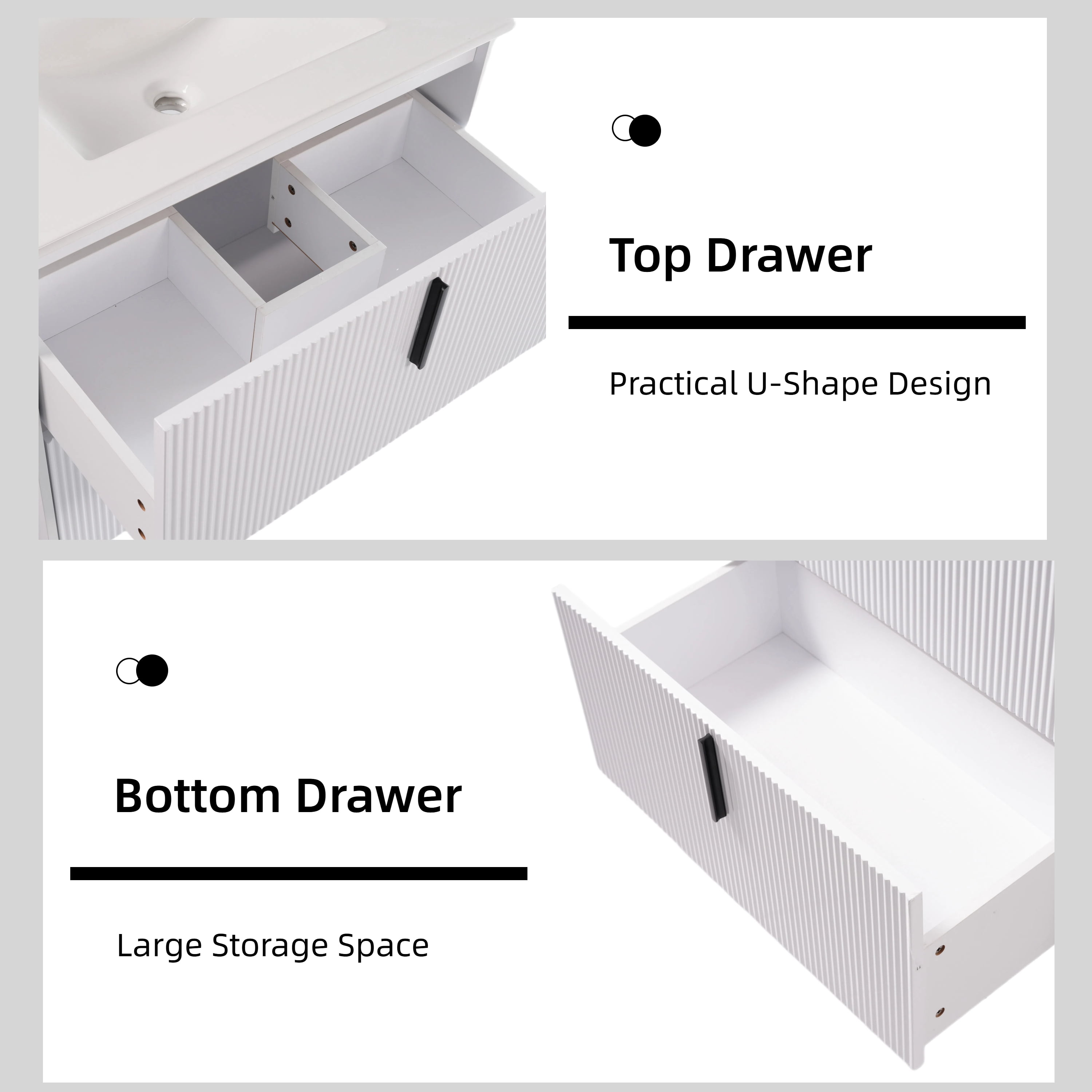 30" Bathroom Vanity with Ceramic Sink and Full-Extension Drawers, Soft Close Undermount Drawer Slides, Fluted Design, White