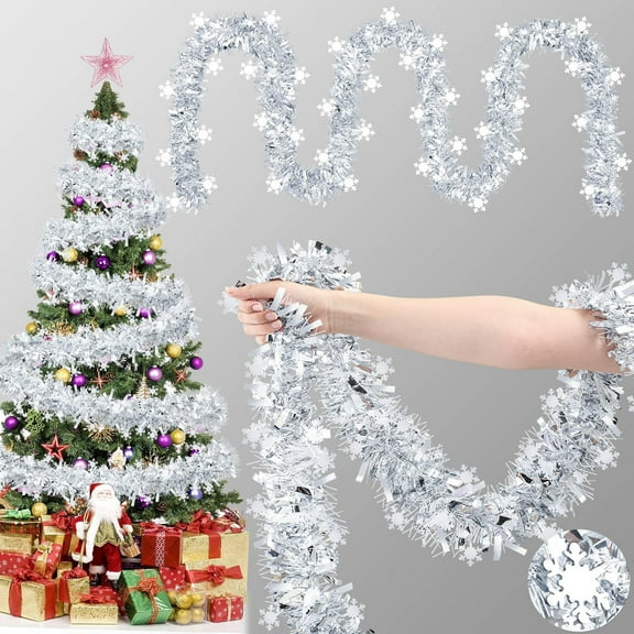 Lksixu Christmas Tinsel Garland, Christmas Decorations 5.9ft White Metallic Twist Garland with Snowflake Sequins, Glitter Metallic Streamers Xmas Tree Hanging Garland for Wedding Party Fireplace