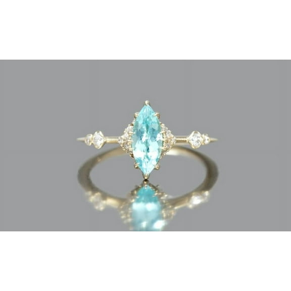 Marquise Cut Aquamarine Halo Ring Art Deco Handmade Thin Matching Bridal Ring 18K Yellow Gold Over Silver March Birthstone Half Eternity Ring