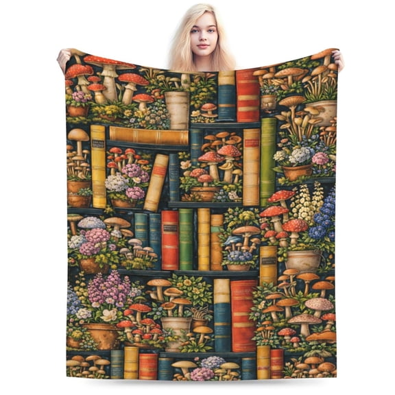 Vintage Mushroom Library Blanket Botanical Bookshelf Art Cottagecore Garden Decor Soft Cozy Throw Blanket for Couch Bed Living Room Fall Decor 50x40