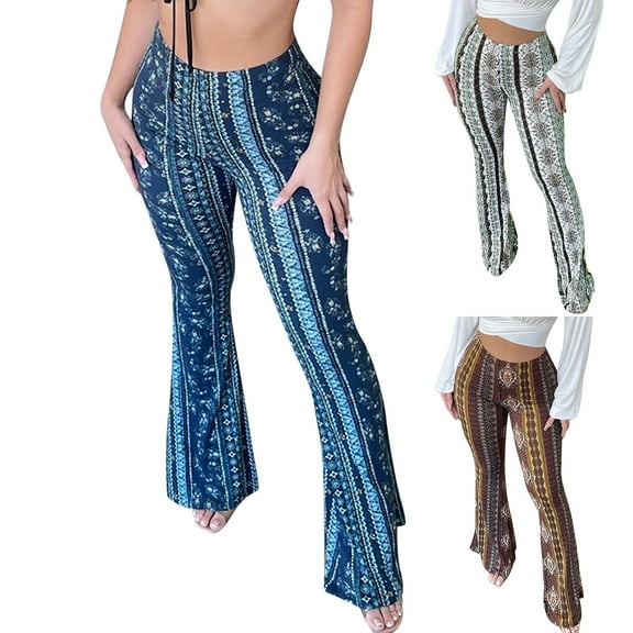 Wovix Women's Casual Long Pants Trendy Flare Yoga Leggings High Waisted Boho Design Slim Palazzo Wide Leg Pants Bell Bottoms Soft For Daily