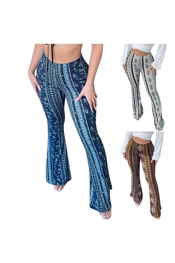 Women's Floral Print Pants Flare Full Length High Waist Bell Bottoms Stretchy Boho Vacation Trousers