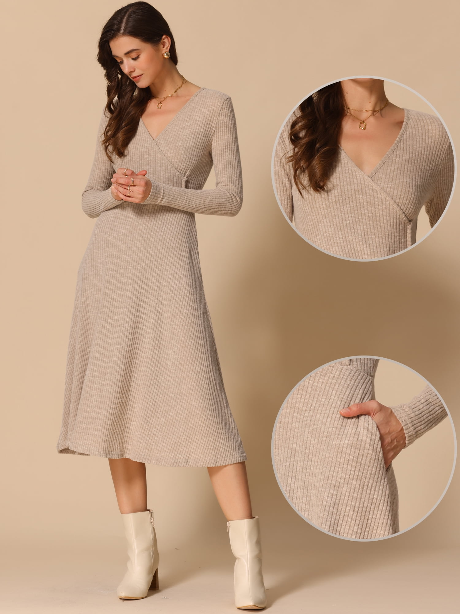 DARING DIVA Knit Ribbed Midi Deep V Wrap A-Line Dress L Khaki
