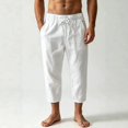 thumbnail image 3 of Migroa Men's Linen Capri Pants Casual Lightweight 3/4 Baggy Pants Drawstring Elastic Waist Beach Yoga Pants with Pockets White 3Xl, 3 of 5