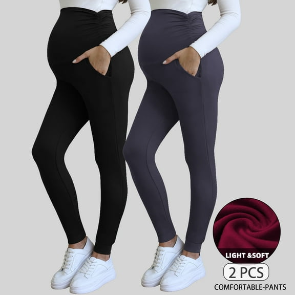 Beaisland Women's Maternity Pants over The Belly Pregnancy Pants Jogger Sweatpants Workout Activewear Leggings with Pockets 2-Pack