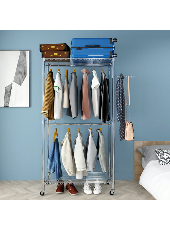 Zimtown Portable Closet System Heavy Duty Garment Rack Rolling Clothing Rack with Double Hanging Clothes Rod & Adjustable Shelves Organizer Silver