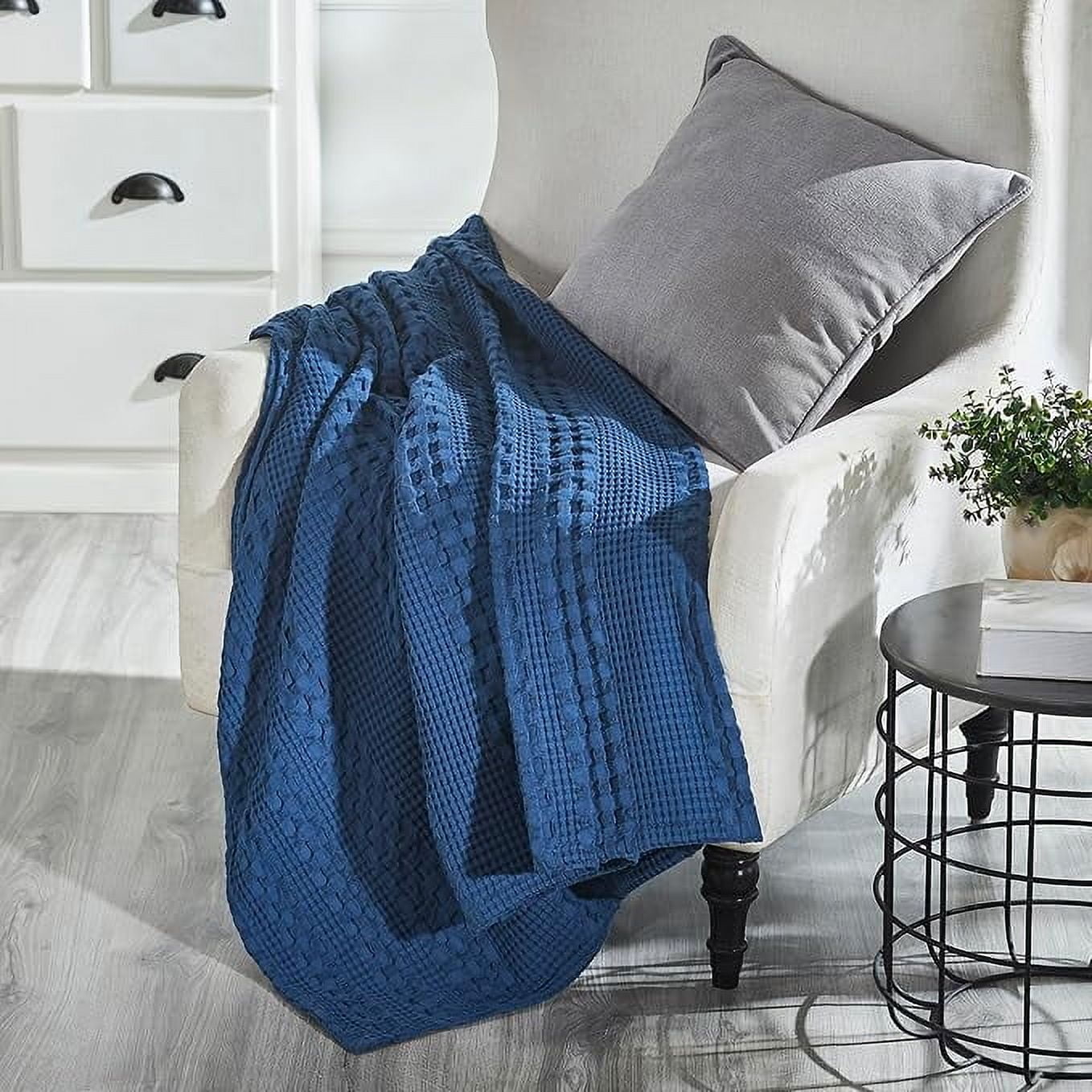 VHC Brands Waffle Weave Navy Blue Throw 50x60, Decorative Cotton Throw Blanket, Boho Farmhouse Bedroom, Living Room Decor for Bed, Couch, or Sofa