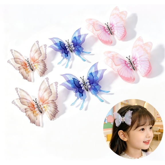6Pcs Colorful Butterfly Hair Clips Mesh Yarn Pearls Butterfly Hair Bow Pin Barrettes Cute Decorative Wedding Spring Hair Accessories for Women Hairstyling Valentine's Day Christmas Birthday Party