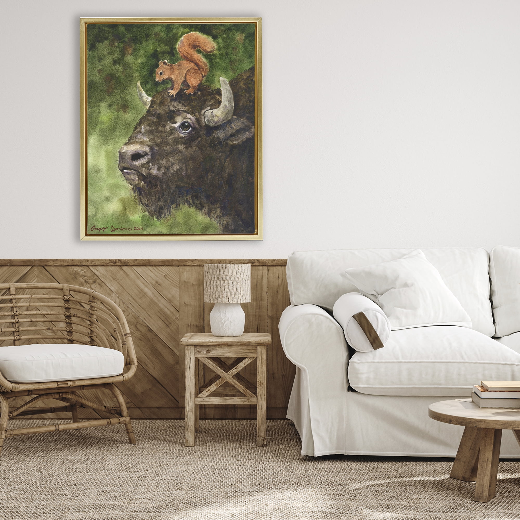 Stupell Industries Bison & Squirrel Duo Gold Framed Floater Canvas Wall Art, design by George Dyachenko