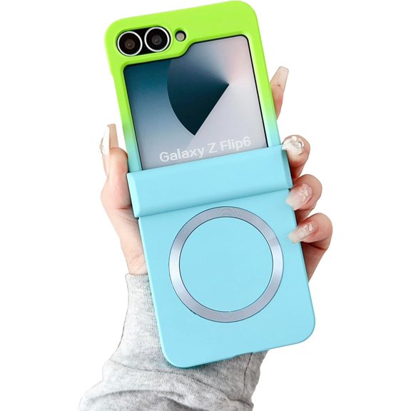 Magnetic Case for Samsung Galaxy Z Flip 5 Case Hinge Protection & Luxury Gradient Desgin, [Compatible with MagSafe] Full Body Anti-Scratch Slim Soft Rubber Shockproof Case, Green&Blue