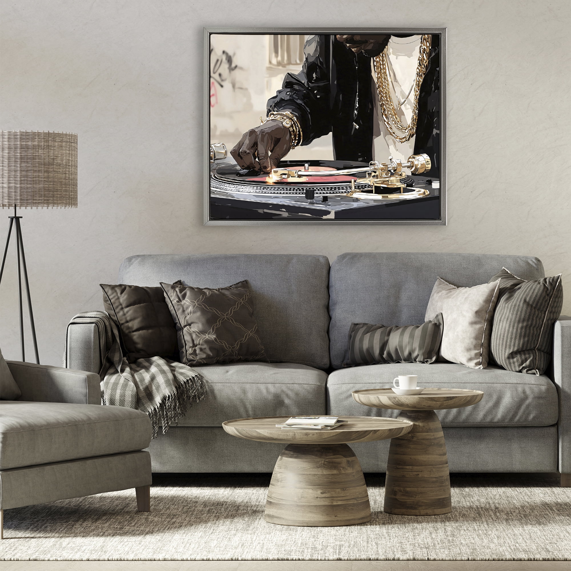 Stupell Industries Golden Touch on DJ's Turntable Gray Framed Floater Canvas Wall Art, design by Franklyn Gregory