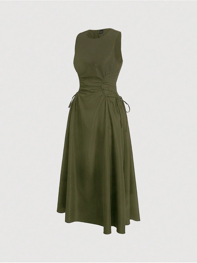 Army Green Solid Ruched Side Tie Sleeveless A-Line Dress For Women, Women's, Size: 3XL