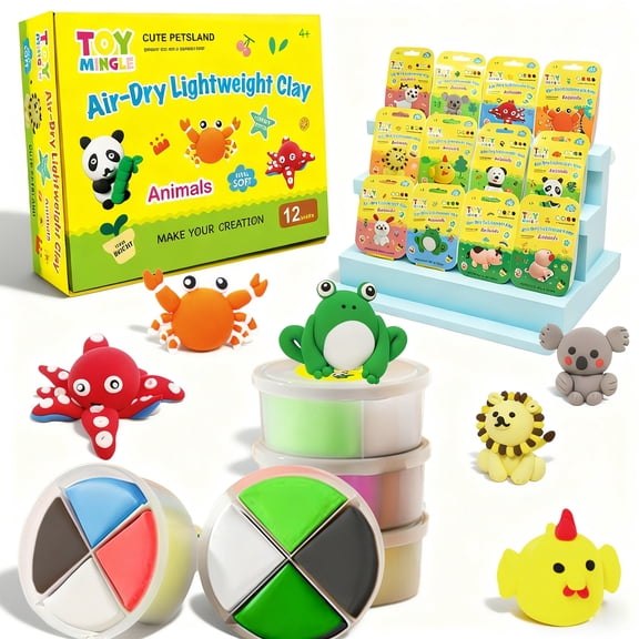 Toymingle 12-Pack Air-Dry Lightweight Clay Set - Animal Theme Modeling Art Kit, Non-Toxic Magic Dough with Sculpting Tools for Kids 4
