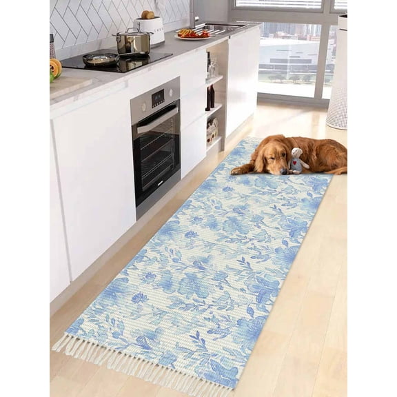 Watercolor Blue Floral Entryway Runner Rug 2x4ft,Blue Ombre Botanical Summer Washable Woven Living Room Hallway Bedroom Kitchen Carpet with Tassels,Indoor Outdoor Throw Door Mat for Entryway