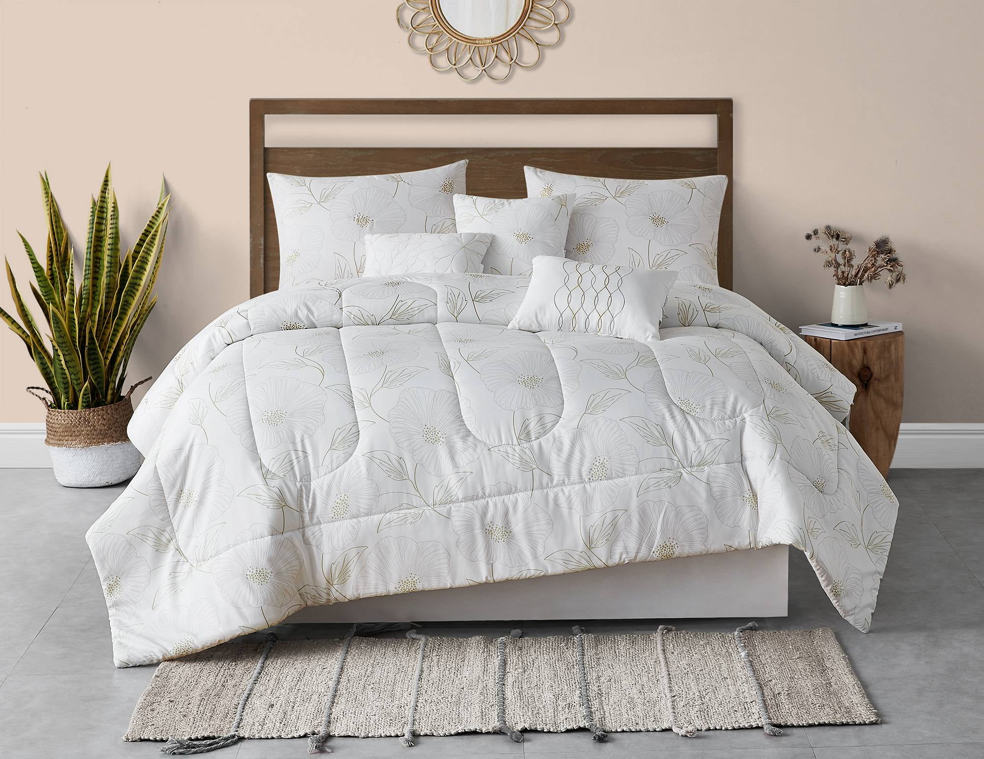 Palermo Metallic Floral Gold 7Piece Comforter Set, Queen