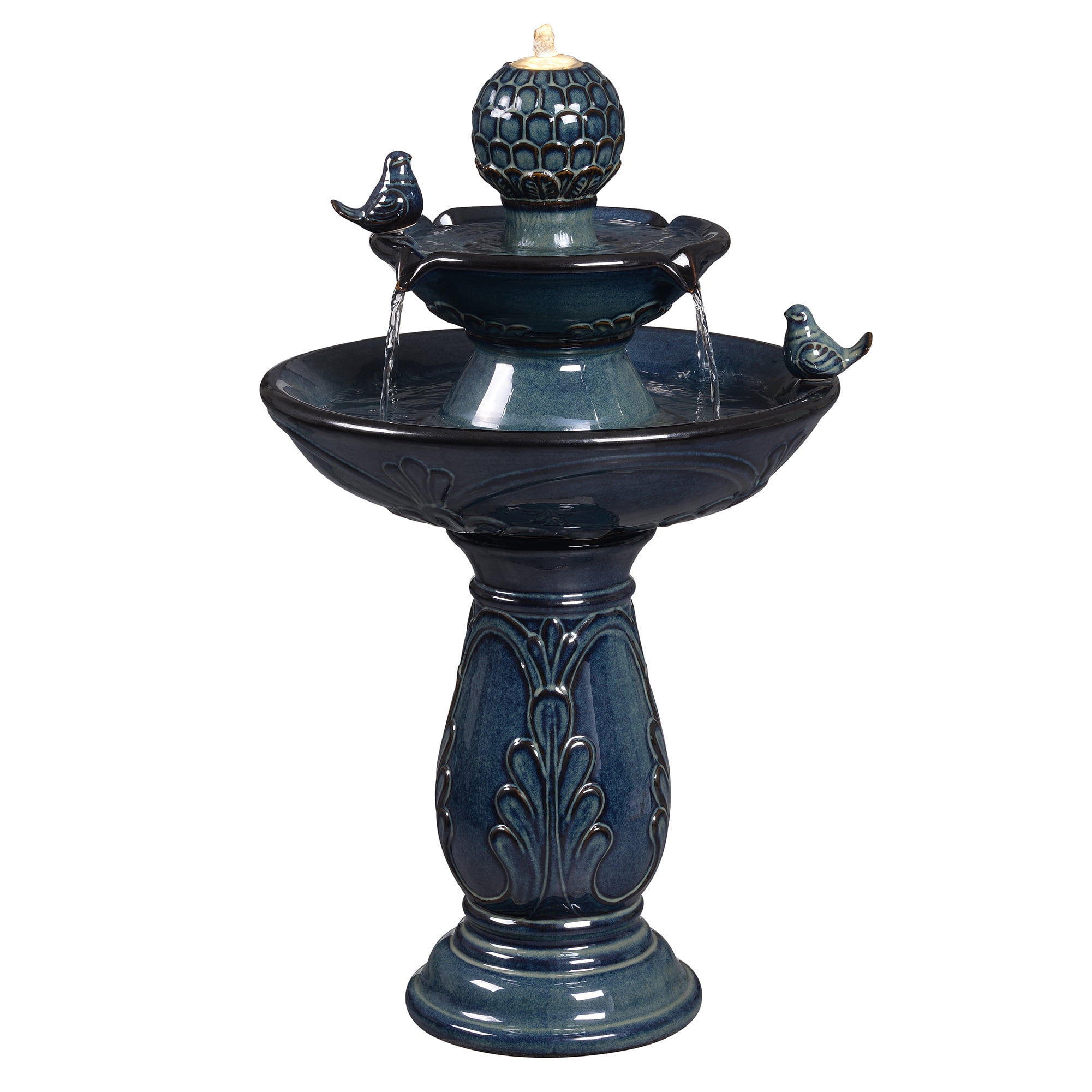 2-Tier Blue Ceramic Bird Bath Fountain, Decorative Water Fountain with LED Lights and Quiet Pump, Indoor Outdoor Water Feature for Patio, Garden, Deck, Balcony, Office and Home Décor
