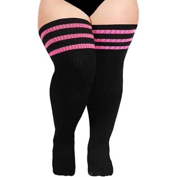suxuMhao Plus Size Over the Knee Cotton Socks, Extra Large Enlarged Sports Socks, Big Size High Thigh Socks, One Size Extended Size Socks, 1 Pair Soft Breathable Wide Black & Pink Socks