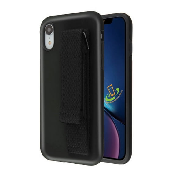 Apple iPhone XR (6.1") Phone Case TUFF Hybrid Armor Rubber Protective Dual Layer with Stand & Wristband Style /Wrist Strap Durable Shockproof Hard PC   TPU Silicone Gel BLACK Cover for Apple iPhone Xr