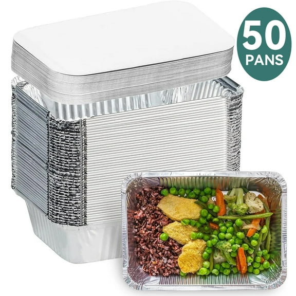 50 Packs Aluminum Pans with Lids (8.26"×5.5"), Foil Baking Tins, Disposable Foil Containers with Lids, Covers Pans and Cardboard - for Baking Cakes, Bread, Meatloaf, Lasagna