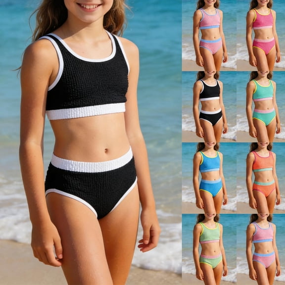 HAOTAGS Girls Padded Bikini Set,Swimsuit Color-Block Swimwear Tank Style Two-Piece Youth Swim Set Black 9-10