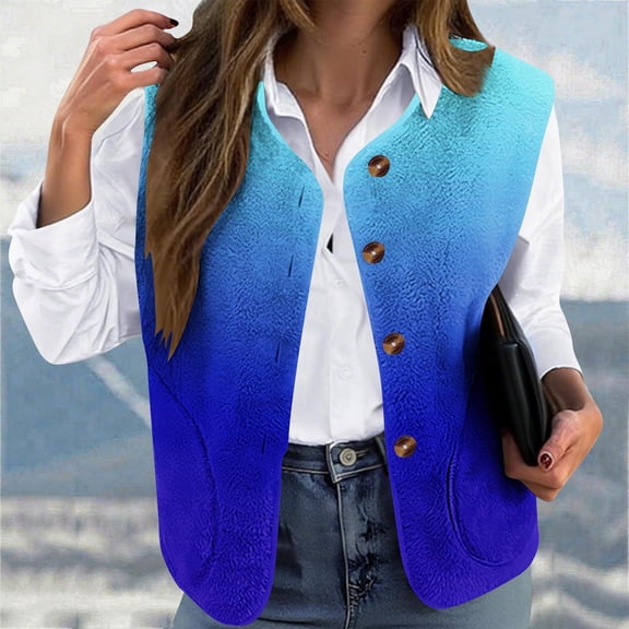 Women's Plus Size Fleece Vest Sleeveless Tops Lightweight Sherpa Button Down Printed Outwear Winter Warm Cozy Casual Jacket with Pockets
