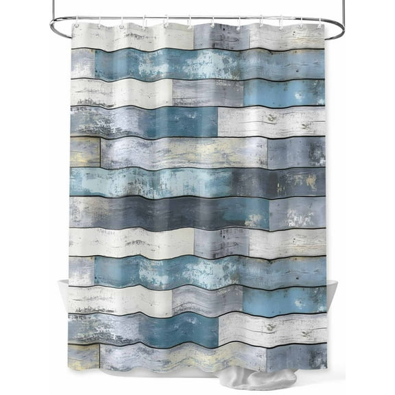 Fsddascl Blue Grey Wooden Shower Curtain Set - 54" x 78" Washable Bathtub Curtain with 12 Hooks, Farmhouse Vintage Cabin Stripes Waterproof Fabric Stall Shower Curtains for Bathroom/Bathtub Décor