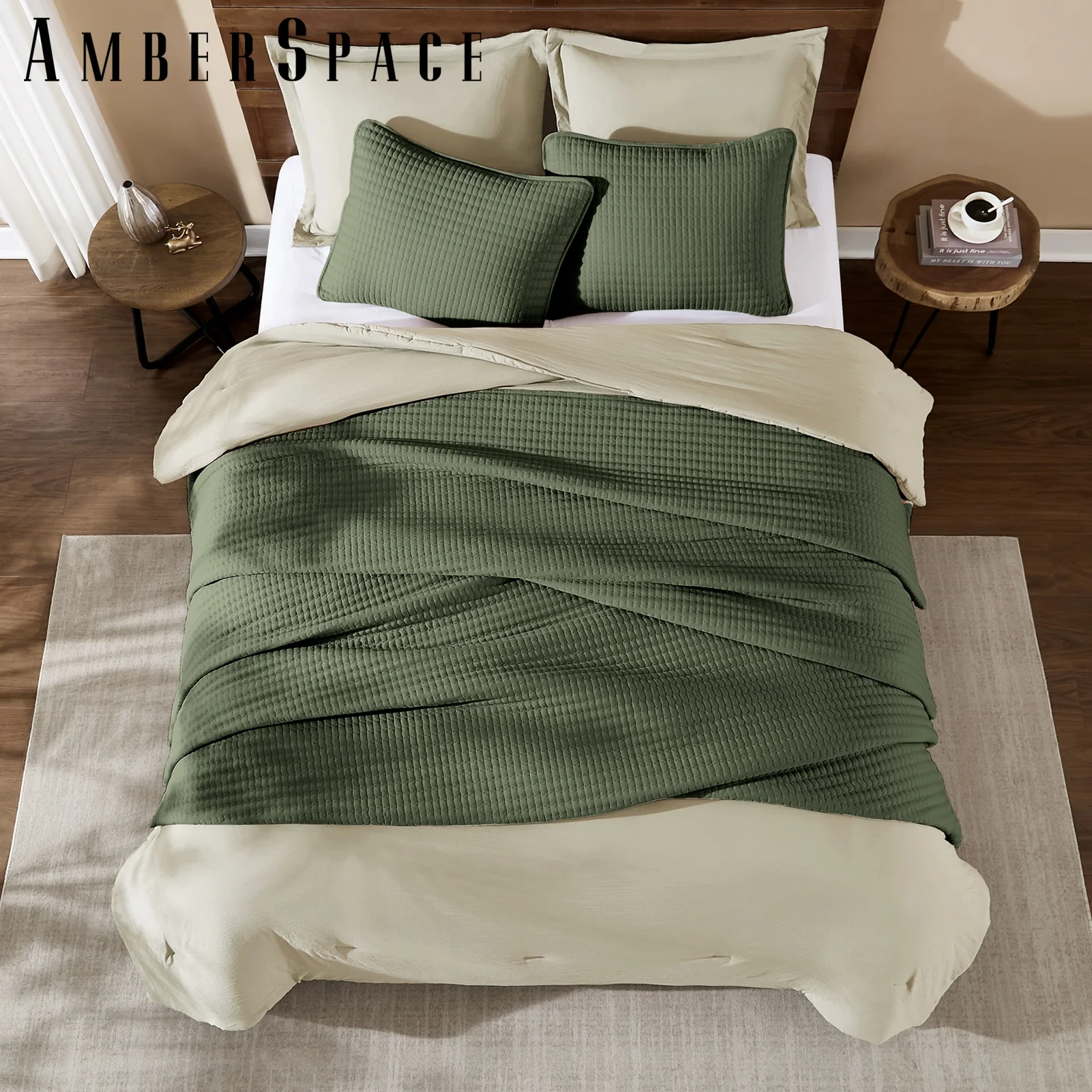 Amberspace Lightweight 2-Piece Bed in a Bag Quilt Set with Pillow Shams,Olive Green,Twin