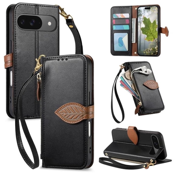 Leather For Google Pixel 10 Pro / Pixel 10 Case Leaf buckle zipper wallet 3-card Flip Wallet Leather Case With Card Holder Magnetic Closure Phone Cases Cover,Black,For Pixel 10 / 10 Pro