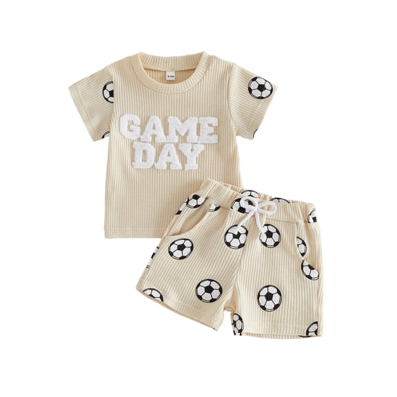 BemeyourBBs Toddler Baby Boys Football Outfit Infant Baby Boy Summer Clothes Waffled Short Sleeve Letter Embroidery T Shirt Tops and Football Print Pockets Shorts Set Toddler Boys Summer Outfit