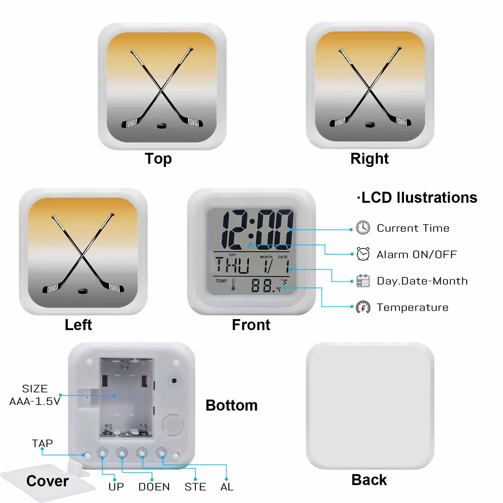 Alarm Clocks Hockey Player Digital Clock 7 Color LED Night Light Silent Non-Ticking Battery Operated Sports Ground Ombre Grey Yellow Cube Clocks for Bedroom Bedside Living Room Office School