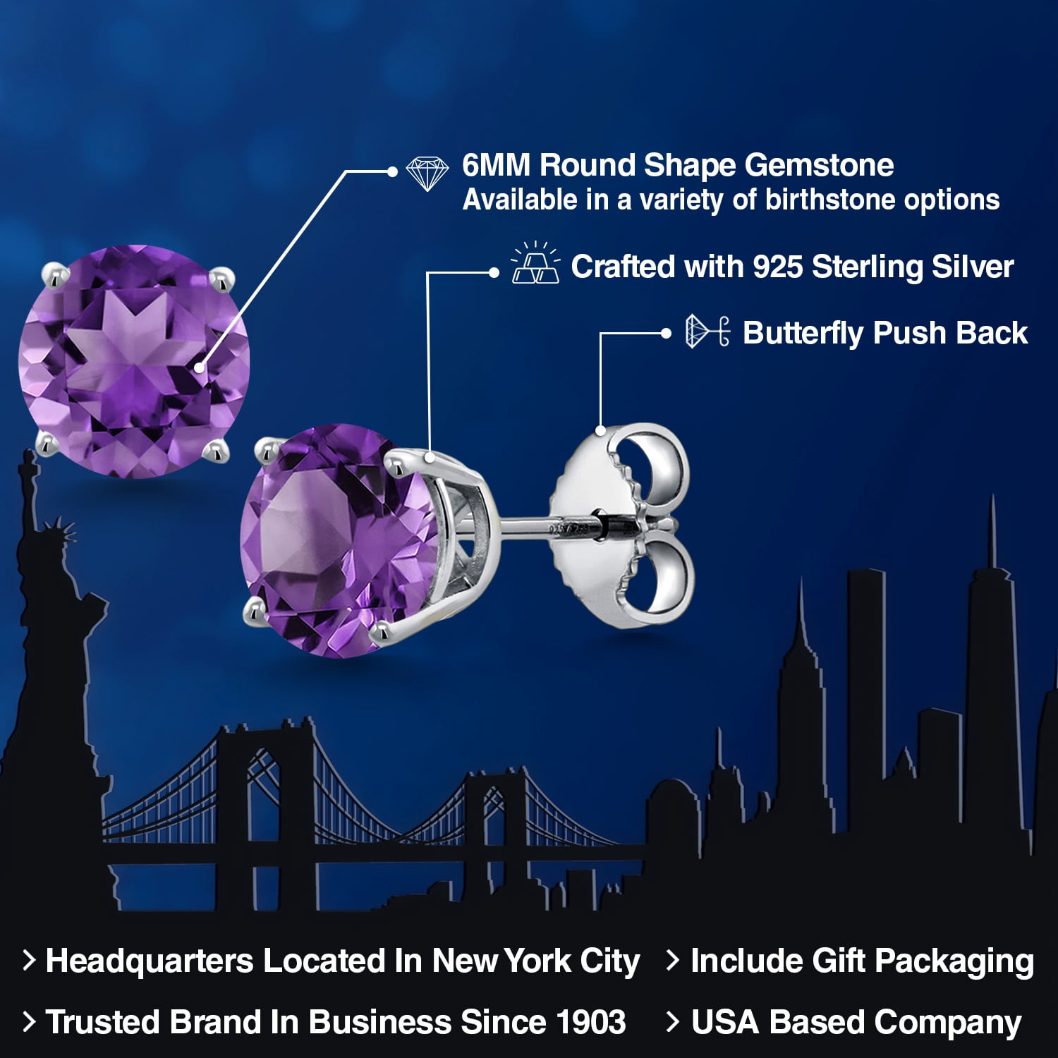Gem Stone King 925 Sterling Silver Purple Amethyst Stud Earrings for Women | 2.00 Cttw | Gemstone February Birthstone | Round 6MM