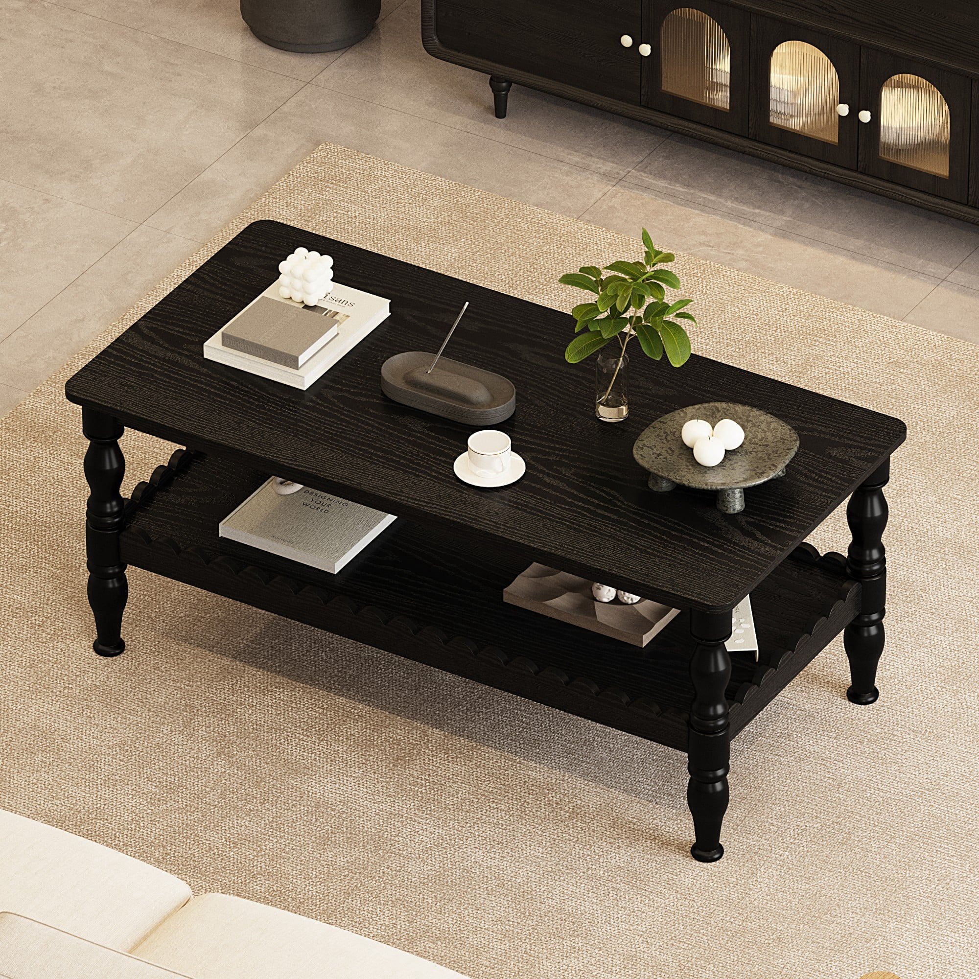 BSHTI Antique Black 43.3” Rectangle Coffee Table with 2-Tier Design and Storage Shelf(Antique Black)