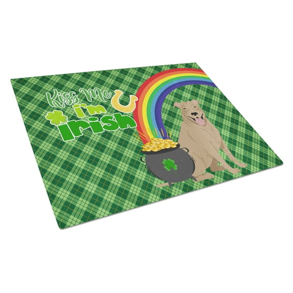 Fawn Pit Bull Terrier St. Patrick's Day Glass Cutting Board Large 12 in x 15 in