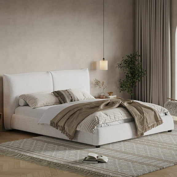 Christopher Knight Home King Upholstered Bed Frame, Linen Fabric Pillow-Back Headboard, Solid Wood Frame, Beige
