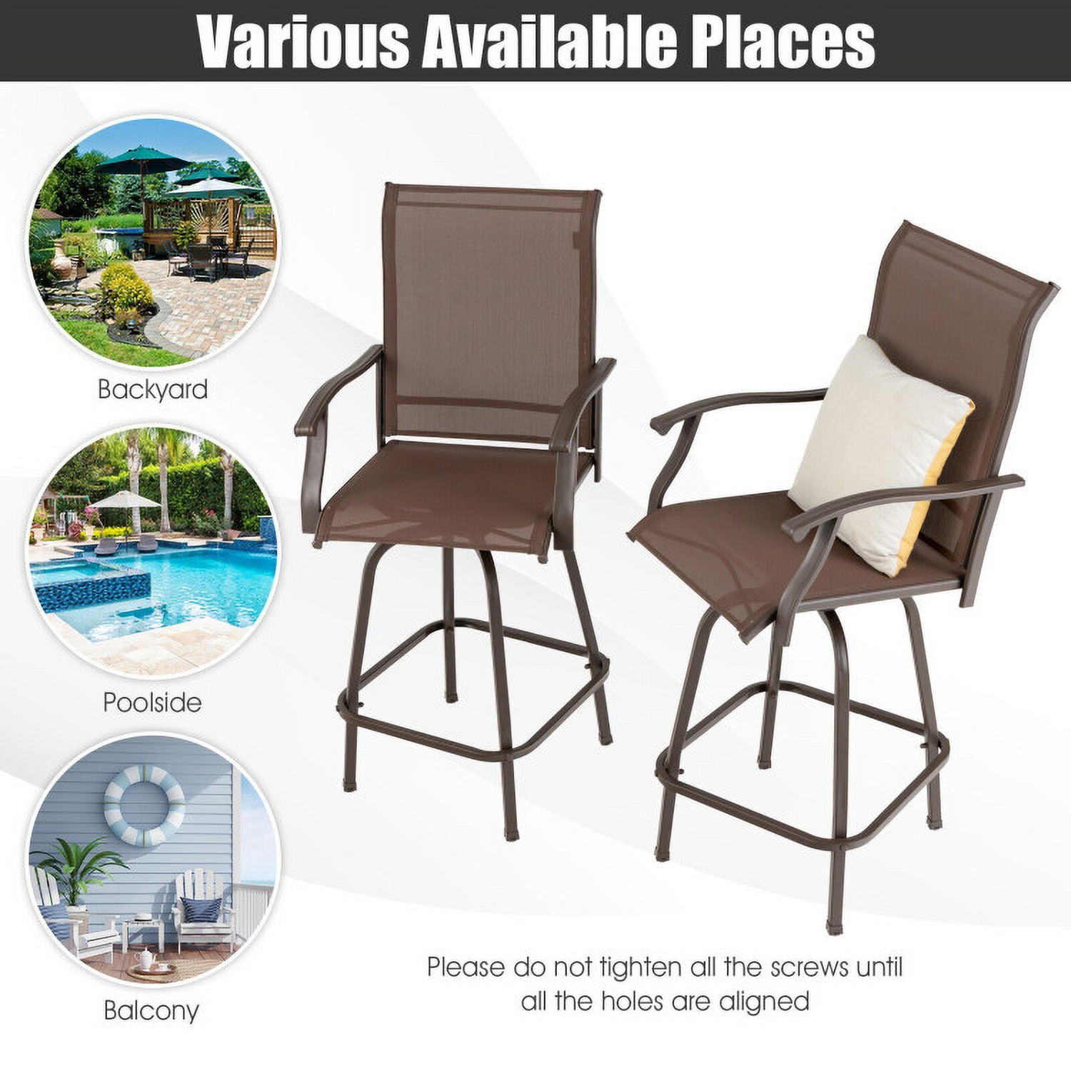 Aimee Lii 2 Pieces Patio 360 Rotation Swivel Bar Stool Set, Outdoor Patio Furniture, Brown