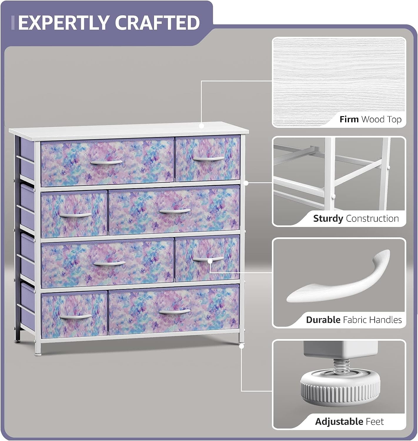 Sorbus 8-Drawer Dresser, Steel Frame Storage Chest with Fabric Bins, Wood Top, Tie-Dye Purple