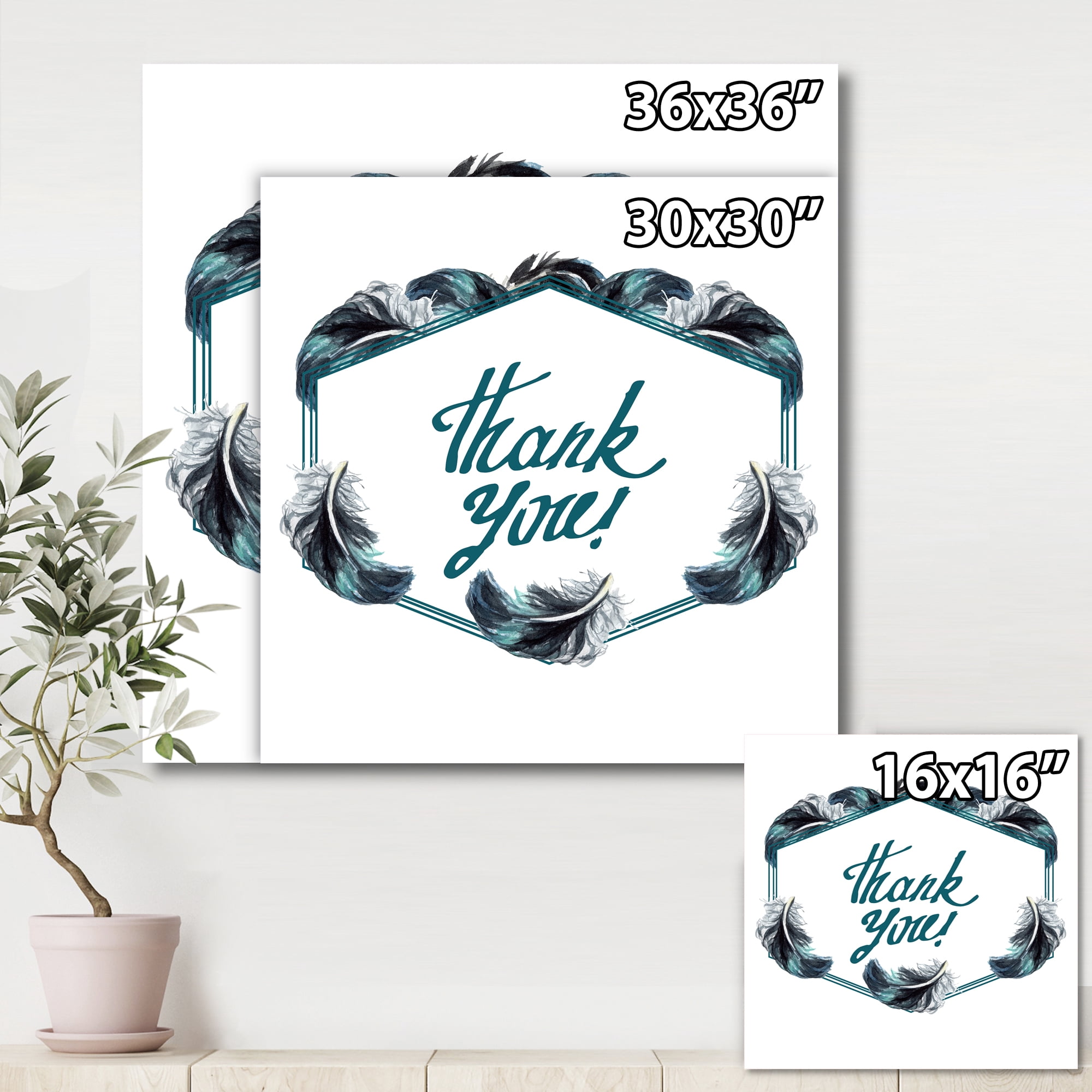 Designart ' Black Boho Art Feathers Thank You ' Bohemian & Eclectic Canvas Wall Art Print