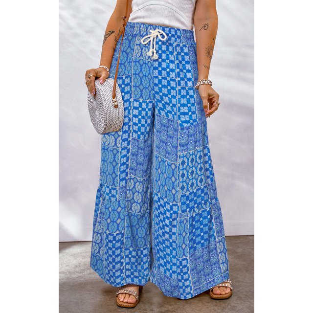 Pantalones Mujer Pantalones casuales estampados florales Cordón Pantalones de pierna ancha Suave para el trabajo (Azul XXXL) Ygjytge para Mujer Azul T XXL