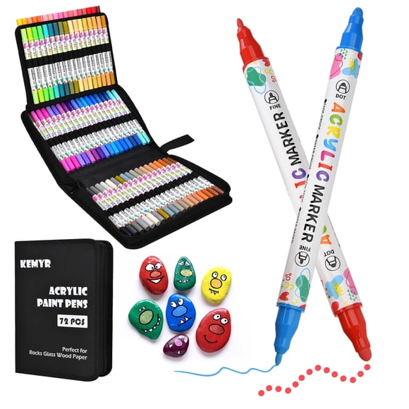KEMYR 72 Couleurs Stylos de Peinture Acrylique, Marqueurs de Peinture Acrylique à Double Pointe pour Papier, Bois, Toile, Pierre, Peinture sur Pierre, Verre, Tissu,