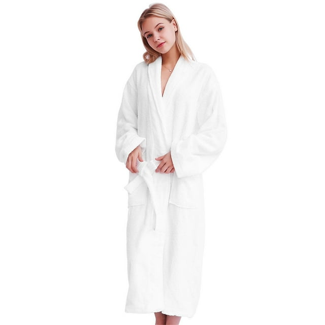 Full-Length Women Bathrobe, 100% Terry Cotton Sleepwear Soft Plush Long Robe Spa Kimono Robe, White